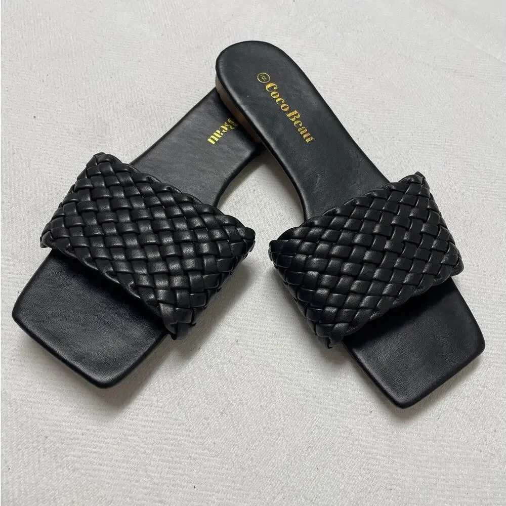 Coco Beau Black‎ Braided Slip On Sandals, Square Toe, Ladies size 8